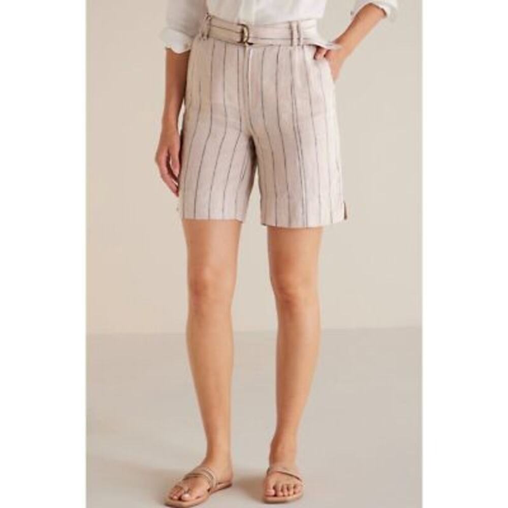 NEW Soft Surroundings Montecito Linen Shorts Navy Tan Stripe L